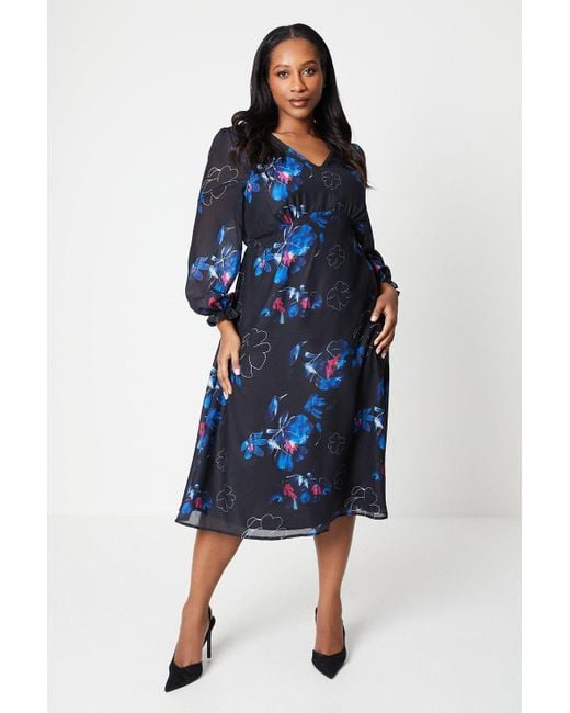 Wallis Blue Curve Shirred Cuff Midi Dress