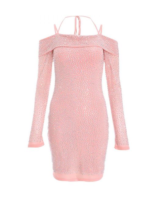 Quiz Pink Rhinestone Cold Shoulder Dress