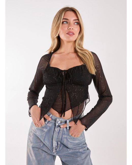 Pink Vanilla Black Glitter Long Sleeve Mesh Butterfly Top