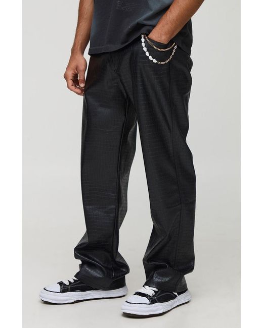 BoohooMAN Black Fixed Waist Relaxed Croc Pu Chain Trouser for men