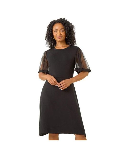 Roman Black Petite Knitted Mesh Dress
