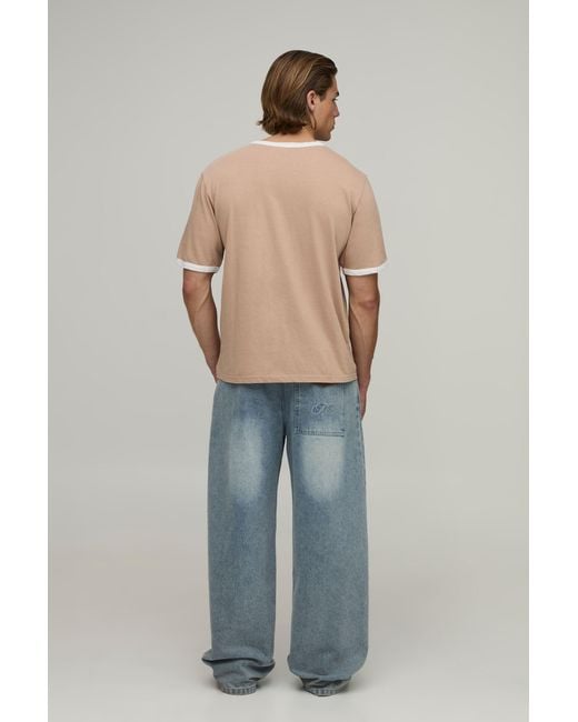BoohooMAN Natural Regular Fit Vintage Wash Ringer T-Shirt for men