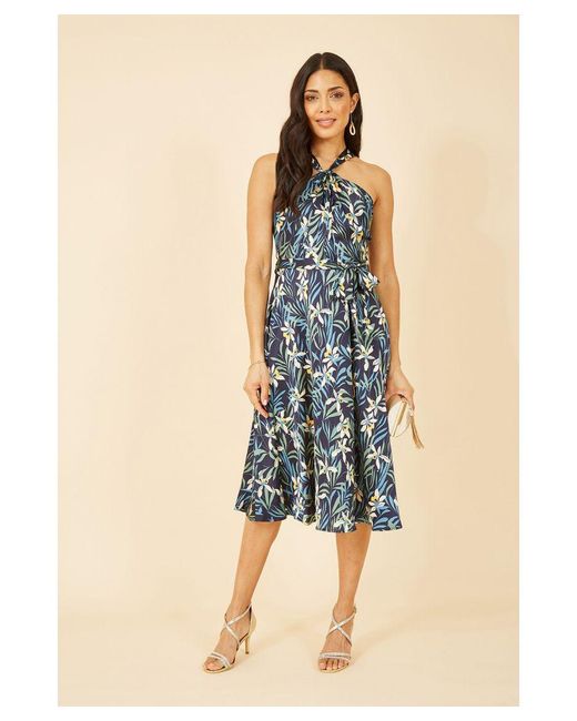 Yumi' Blue Tropical Print Satin Cross Neck Midi Dress