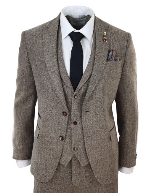 TruClothing Gray Oak 3 Piece Tweed Suit Vintage Harringbone 1920S Retro Peaky Blinders for men