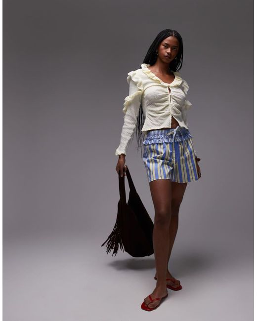 laagam Gray Textured Ruffle Front Button Up Blouse