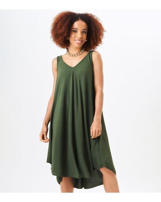 Gini London Green Khakifarbenes Strukturiertes Gewebtes Kleid Mit Übergroßen Trägern