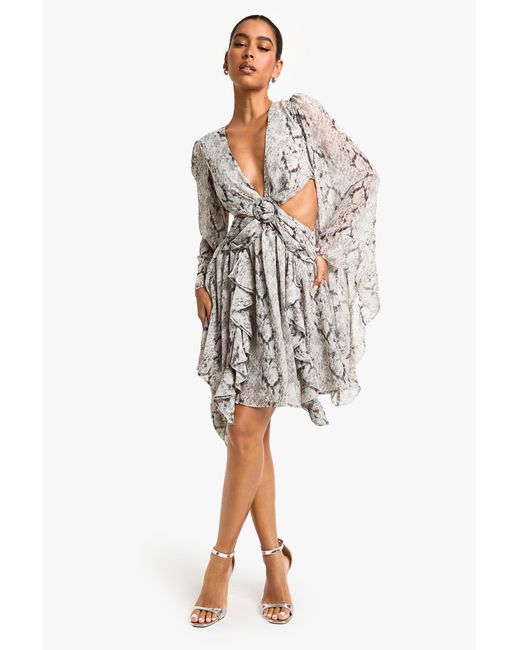 Boohoo Gray Cut Out Printed Skater Dress