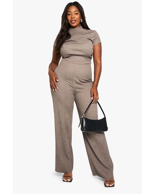Boohoo Brown Plus Ripple Texture High Neck Jumpsuit