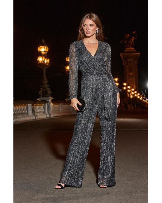 Sosandar Black Sparkle Plisse Wrap Front Wide Leg Jumpsuit