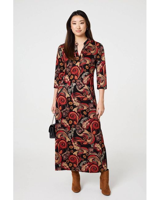 Izabel London Red Abstract 3/4 Sleeve Maxi Shift Dress