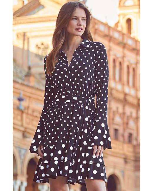 Sosandar Purple Spot Print Ruffle Hem Belted Shirt Dress