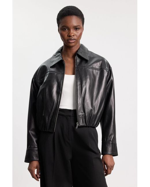 Karen Millen Black Leather Collared Bomber Jacket