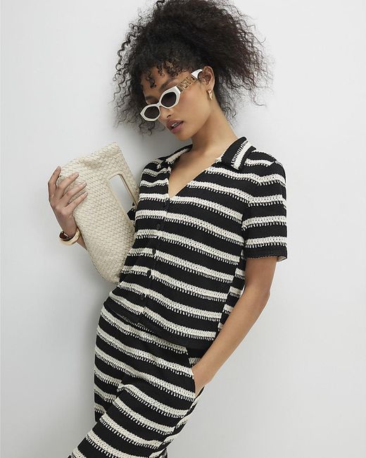 River Island Black Shirt Short Sleeve Striped Crochet