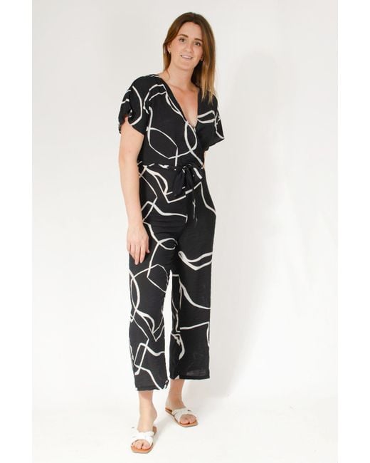 New Look Black Summer Print Tie Waist Short Sleeve Jumpsuit