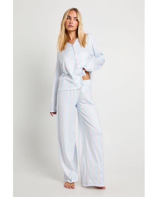 Boohoo White Stripe Long Sleeve Shirt & Trousers Pyjama Set