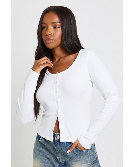 Boohoo White Ribbed Button Through Scoop Neck Long Sleeve Top