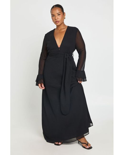 Boohoo Blue Plus Printed Button Detail Ruffle Sleeve Maxi Dress