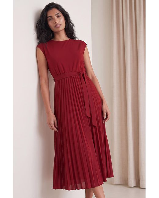 Roman Red Pleated Tie Waist Dress