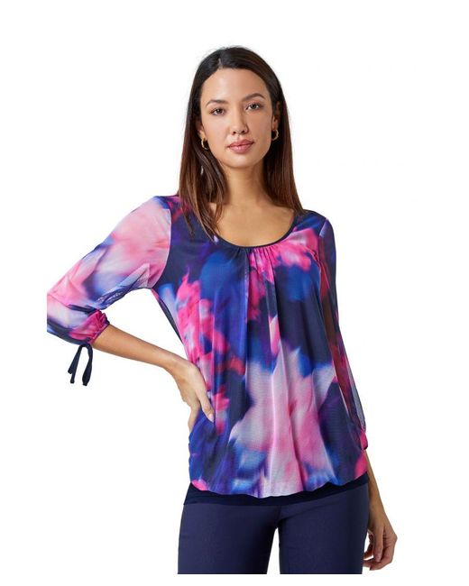 Roman Blue Floral Print Bubble Hem Stretch Top