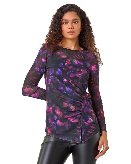 Roman Purple Blurred Print Ruched Stretch Mesh Top