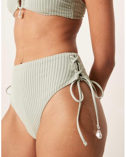 ASOS Brown Kai Textured Tie Up High Leg Waist Bikini Bottom With Pearl Trim