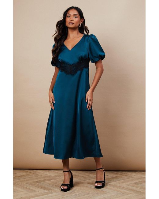 Oasis Blue Occasion Satin Lace Waist Midi Dress