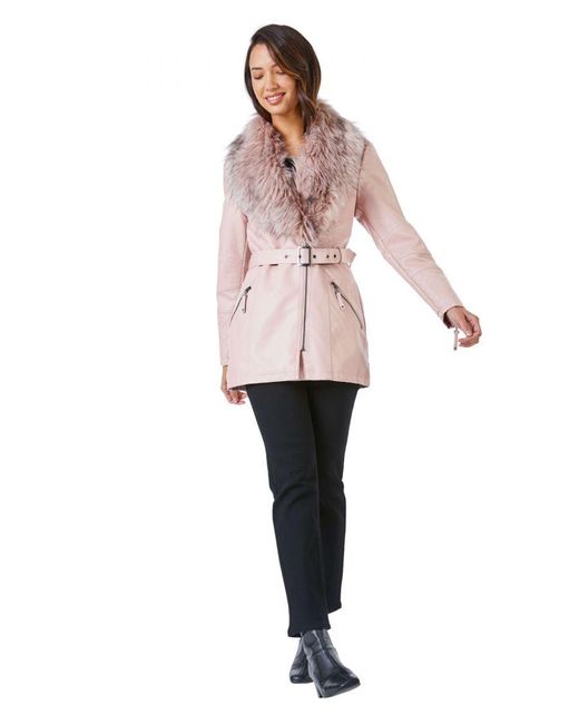 Roman Pink Longline Faux Leather Belted Coat
