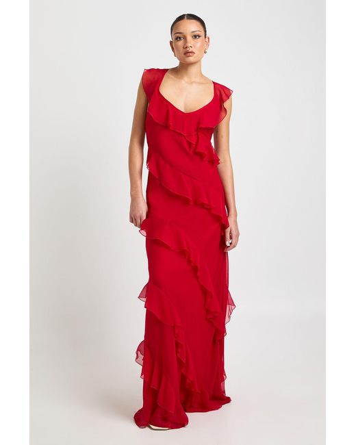 Boohoo Red Chiffon Ruffle Fit & Flare Strappy Maxi Dress