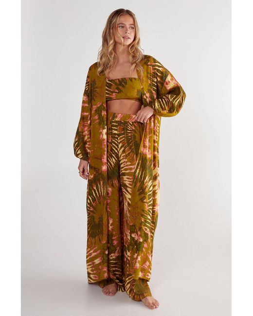 Nasty Gal Metallic Crinkle Viscose Tie Dye Bandeau, Pants, Kimono 3Pc Set