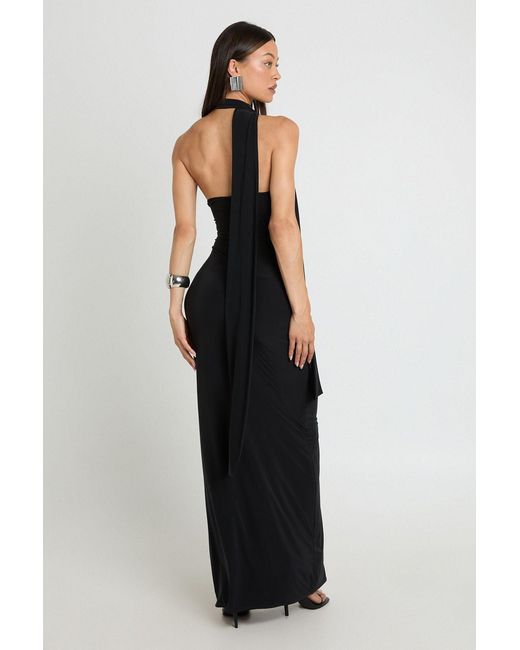 Boohoo Blue Tall High Neck Scarf Wrap Waist Maxi Column Dress