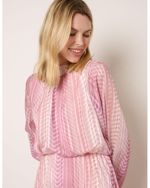 Blue Vanilla Pink Zig Zag Metallic High Neck Puffball Pleated Dress