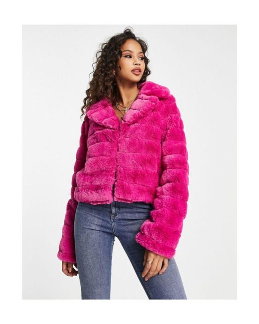 Miss Selfridge Pink Collar Crop Faux Fur Jacket