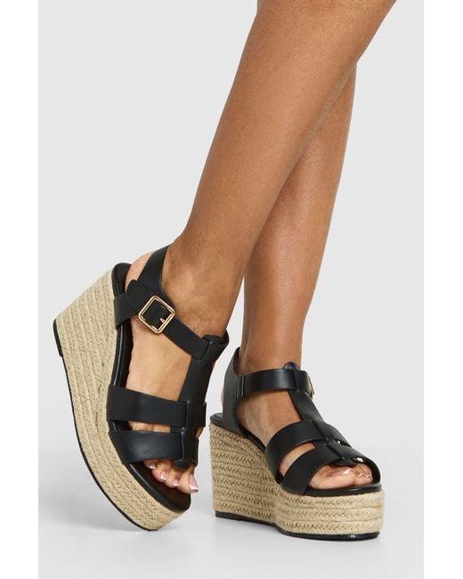 Boohoo Black T Bar Espadrille Platform Wedges