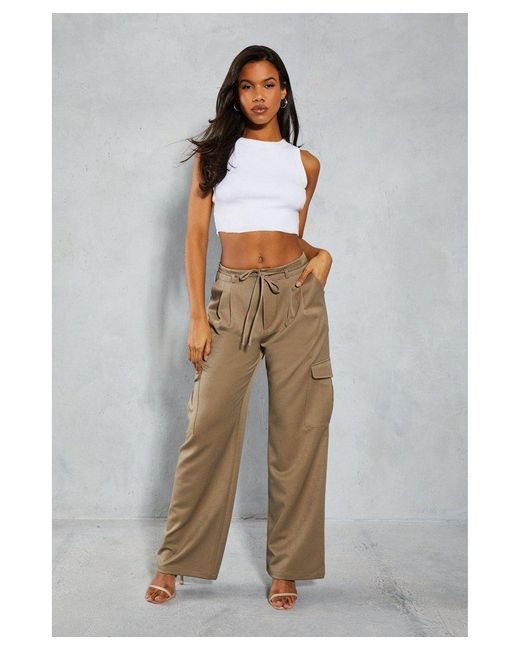 MissPap Gray Tie Waist Pocket Relaxed Cargo Trousers