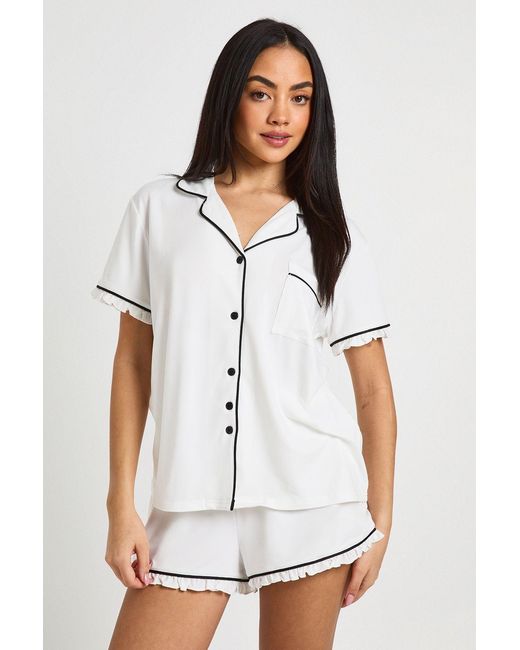Boohoo White Bridal Jersey 'Bride' Embroidered Frill Detail Short Sleeve Shirt & Pyjama Set