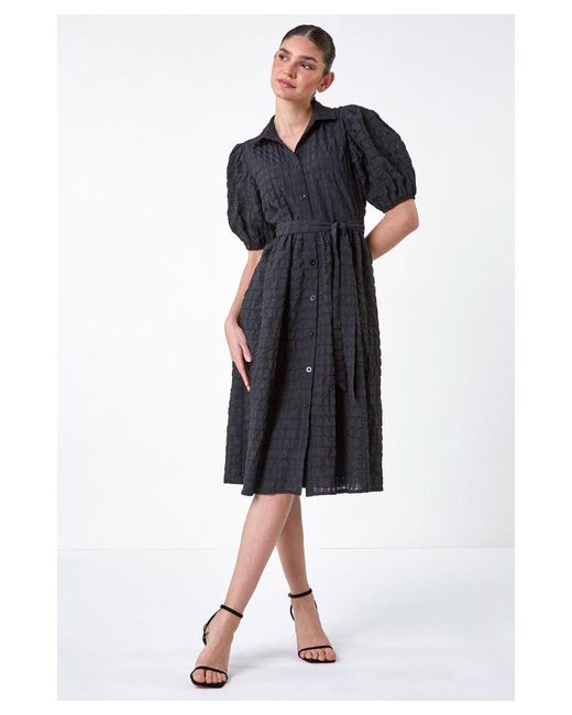 Roman Black Textured Puff Sleeve Midi Shirt Dress