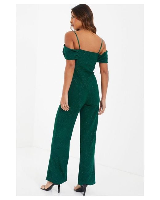 Quiz Glitter Jumpsuit Quiz Bottle Green Glitter Drop Shoulder