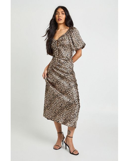 Boohoo Black Tall Leopard Puff Sleeve Midaxi Dress