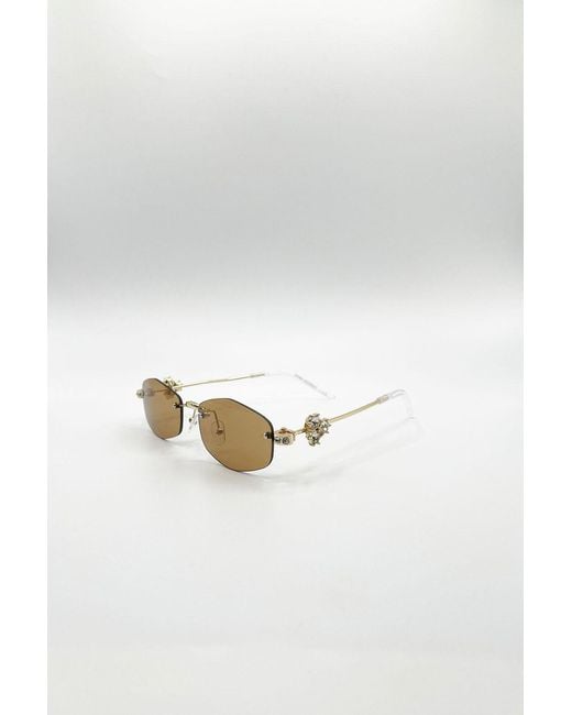 SVNX Brown Rimless Oval Diamante Sunglasses