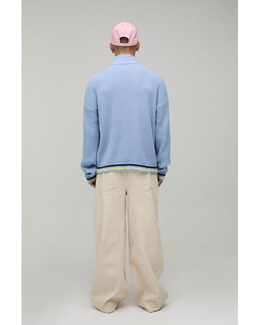 BoohooMAN Blue Funnel Neck Ribbed Embroidered Knitted Track Jacket for men