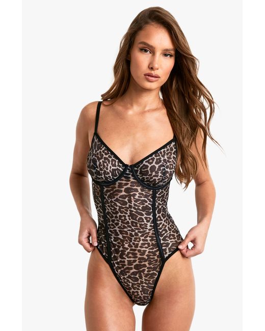 Boohoo Black Leopard Mesh Bodysuit