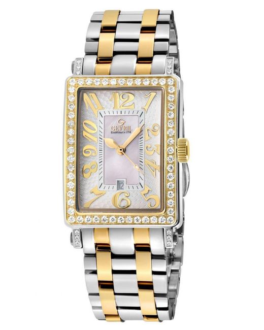 Gevril Metallic Ave Of Americas Mini Swiss Quartz Two Toned Ipyg Stainless Steel Diamond Case, Mop Dial Watch