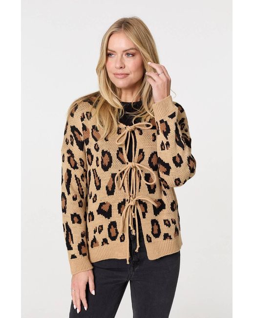 Izabel London Natural Animal Print Tie Front Cardigan