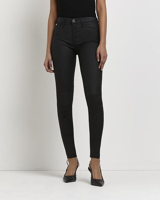 River Island Black Skinny Jeans Molly Coated Mid Rise Cotton