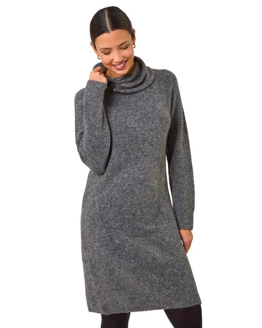 Roman Gray Ring Neck Detail Knitted Dress