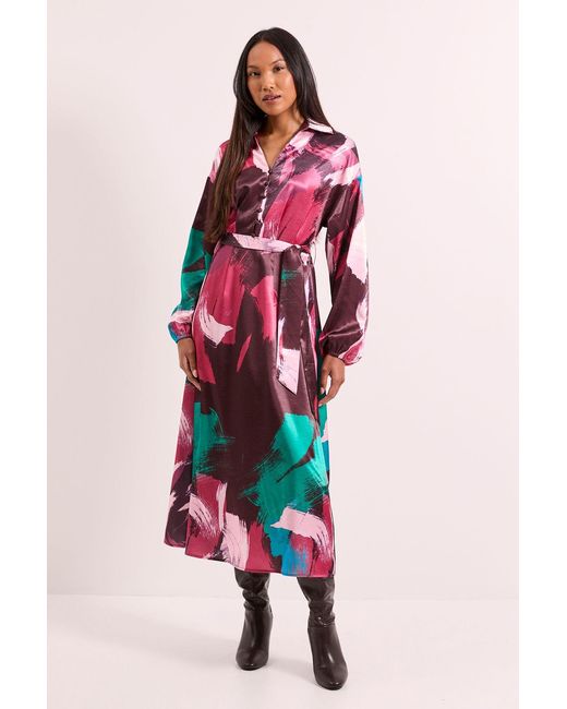 PRINCIPLES Red Printed Wrap Tie Waist Satin Shirt Dress