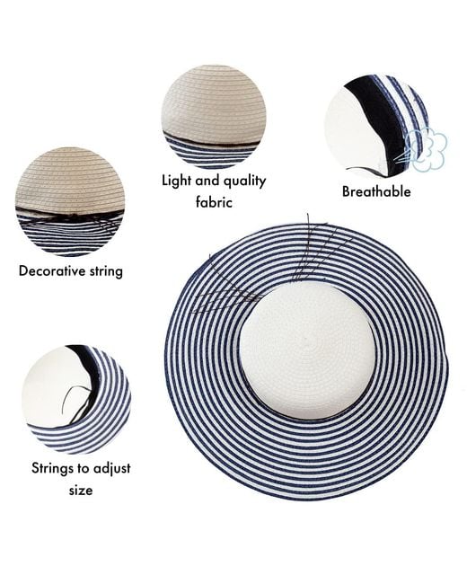 Woodland Leathers Blue Ladies Wide Brim Striped Sun Hat Foldable Adjustable Beach Hat
