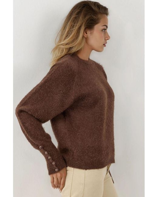 Hiccup Brown Soft Textured Button Detailed Long Sleeve Sweater