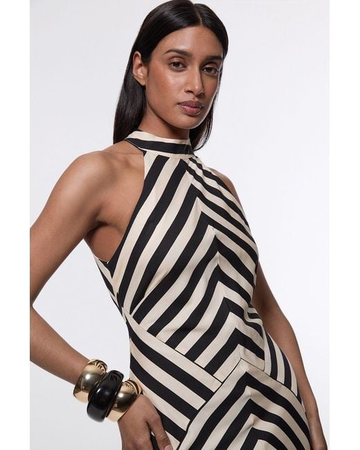 Karen Millen White Mono Fluid Stripe Cotton Mix Woven Maxi Halter Dress