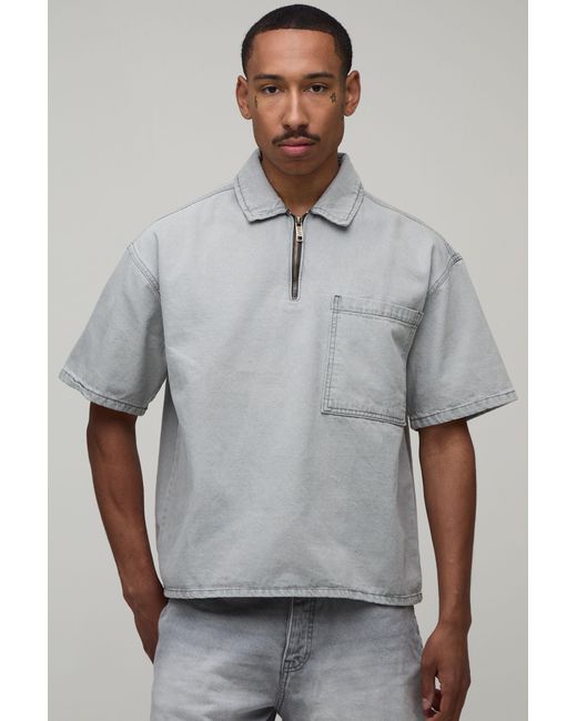 BoohooMAN Gray Boxy Oversized 1/4 Zip Denim Shirt for men